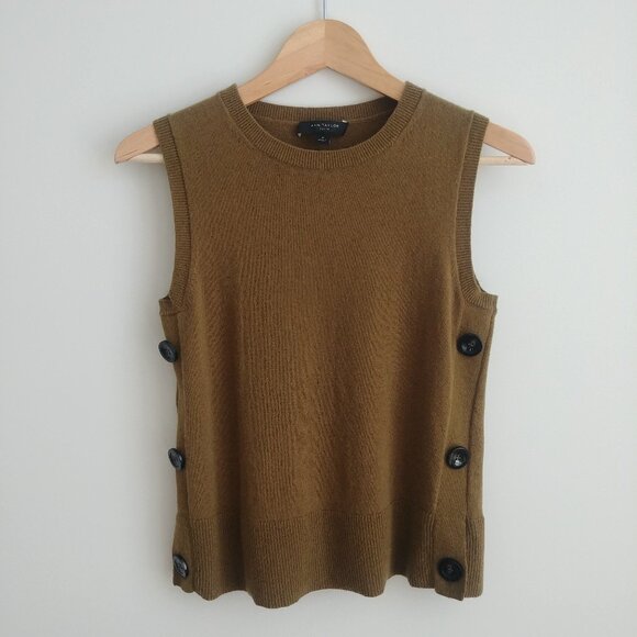Ann Taylor wool sleeveless sweater top olive green Small Petite buttons - Picture 1 of 15